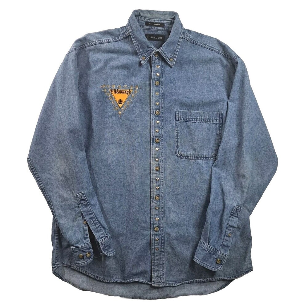 Pittsburgh Steelers Pirates Penguins Womens Denim Button Down Shirt Med Custom